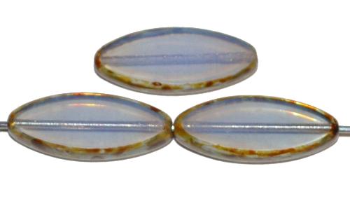 Glasperlen / Table Cut Beads geschliffen Narvett Form, Opalglas blaugrau mit picasso finish hergestellt in Gablonz Tschechien